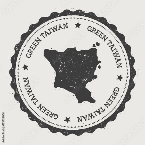 Vintage round rubber stamp featuring a map of Green Island, Taiwan, with circular text and stars, designed for decorative purposes.