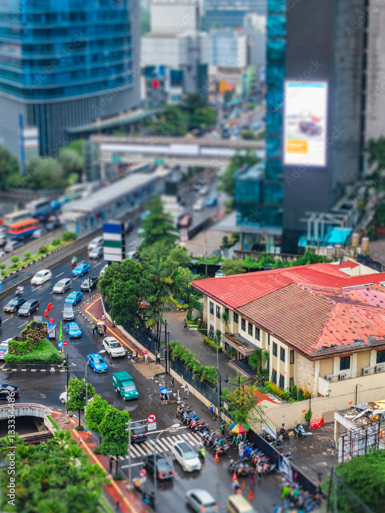 Φωτογραφία Photo  of intersection in Jakarta's main road, in near Sudirman street area, in miniature, tilt-shift