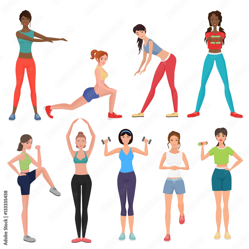 Sport fitness healthy girls set. Women in sportswear with dumbbells, barbells and fitness tools. Sport fitness healthy girls set. Women in sportswear with dumbbells, barbells and fitness tools.