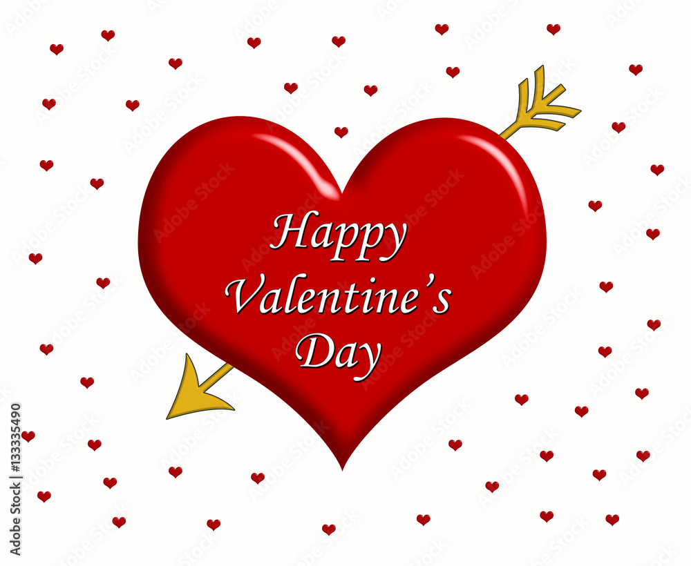 Message Happy Valentine’s Day written on the big red heart with golden arrow and little red hearts around it 