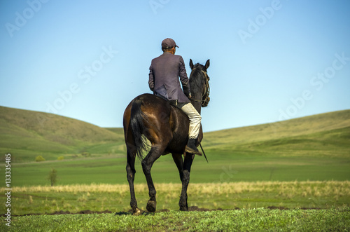 a shepherd on a horse looking far