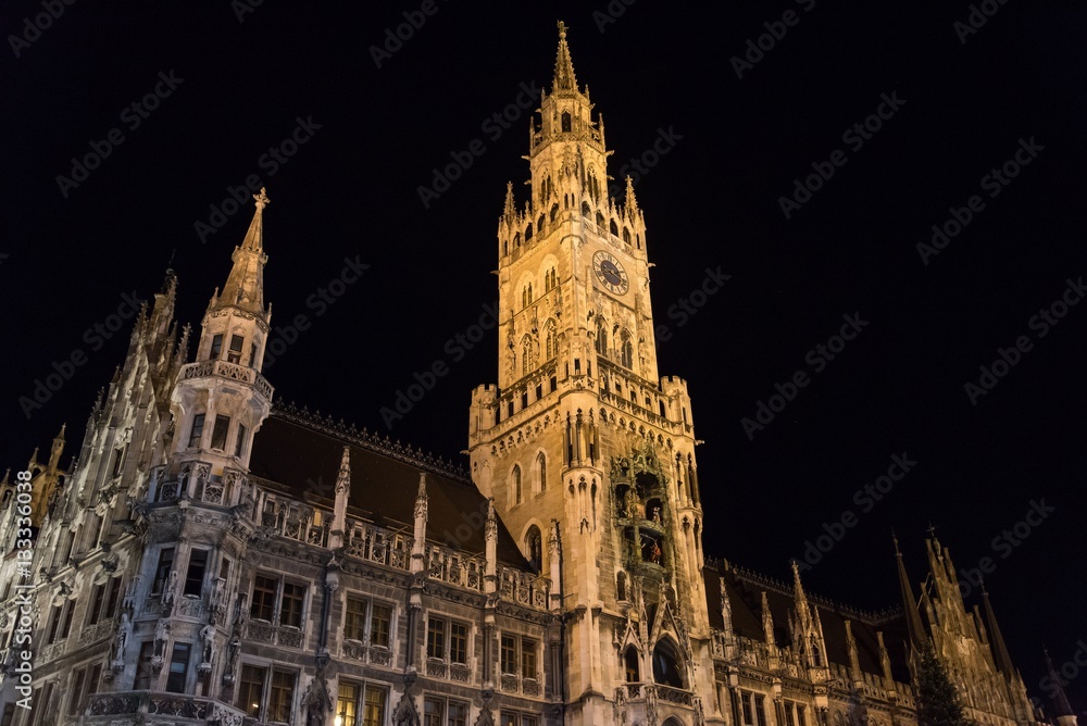 Night scene of town hall at the Marienplatz in Munich, Germany. Horizontal image.
