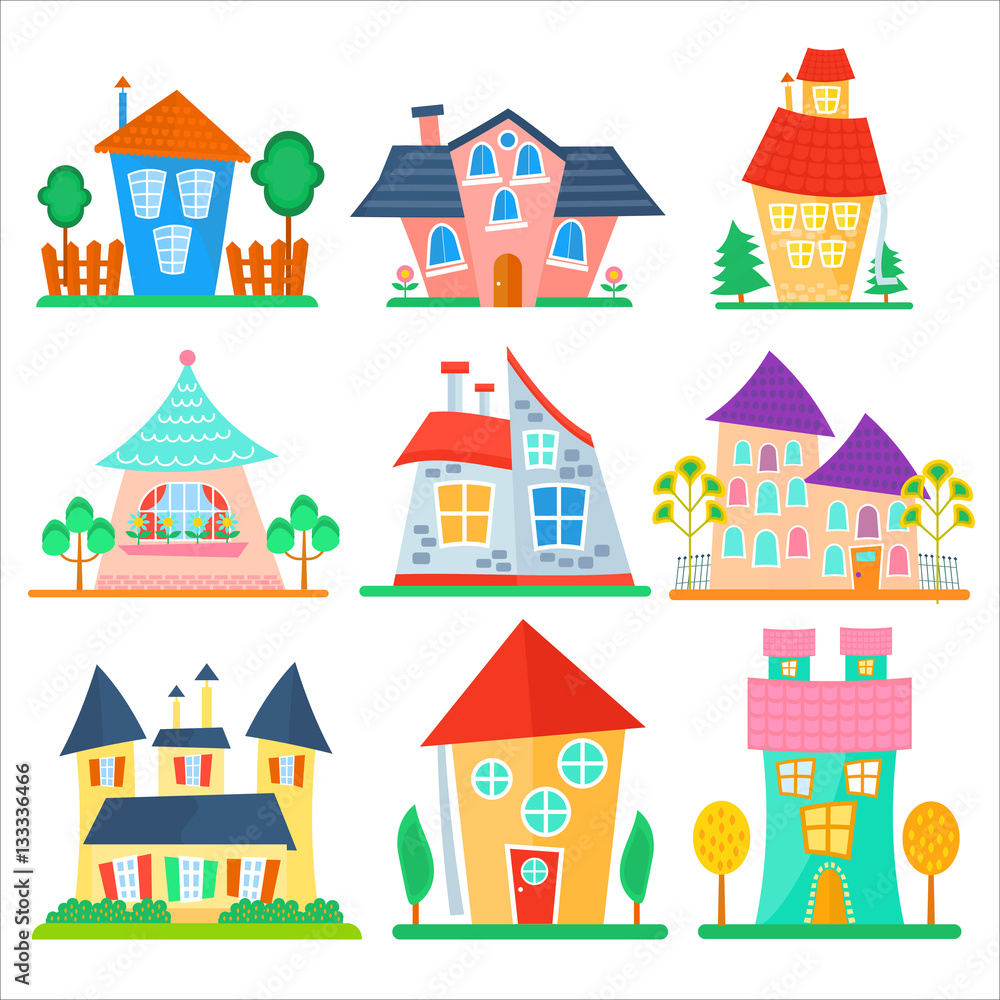 Cute cartoon houses collection. Funny colorful kid vector house set.