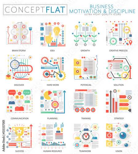 Infographics mini concept Business motivation icons for web. Premium quality color conceptual flat design web graphics icons elements. Business motivation discipline concepts.