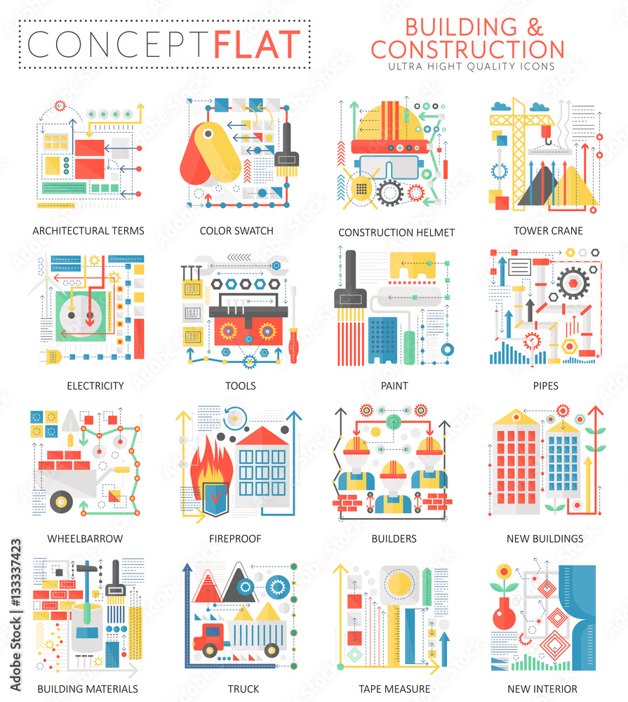 Infographics mini concept building construction tools icons for web. Premium quality color conceptual flat design web graphics icons elements. Building Construction tools concepts.