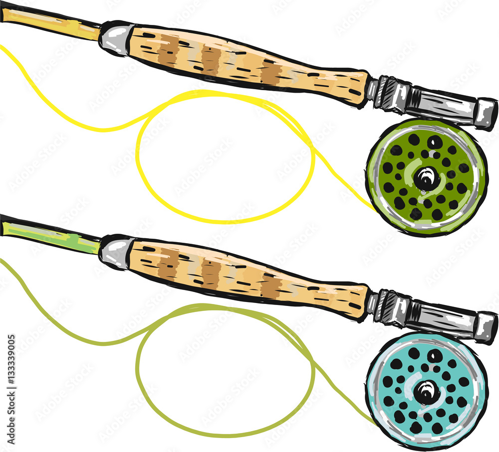 Fly fishing rods vector sketch illustration clip-art image Stock Vector