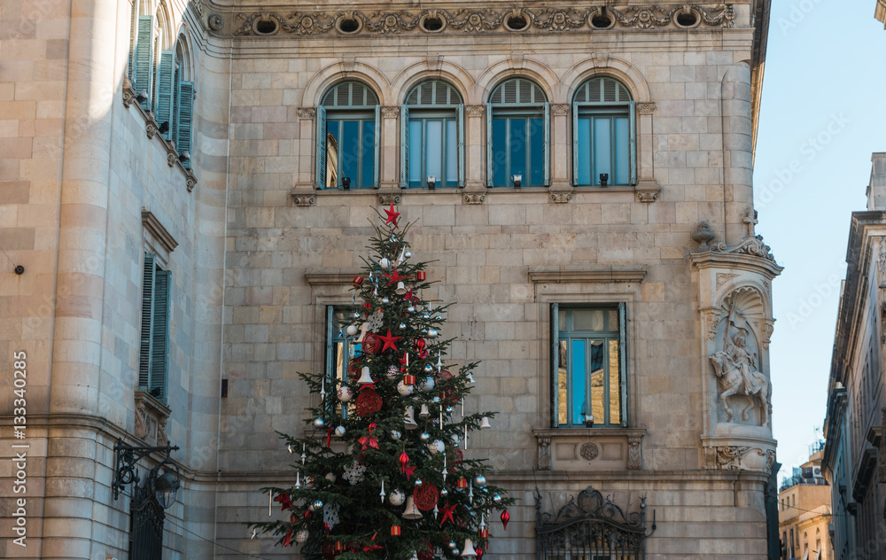 Fototapeta premium christmas tree on old luxury building at barcelona