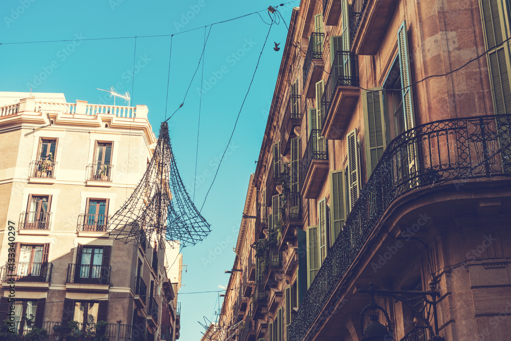 beautiful houses at barcelona with warm sunlight