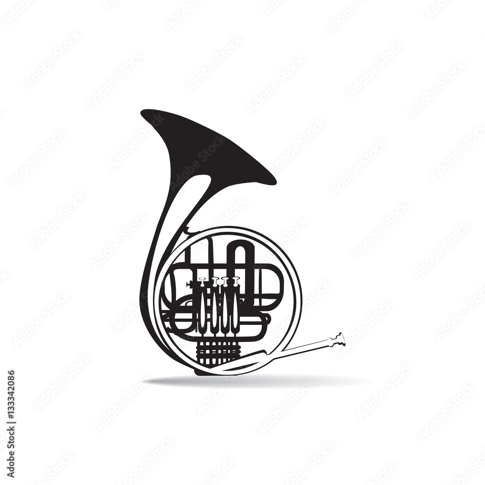 Vector illustration of black and white french horn, flat style design