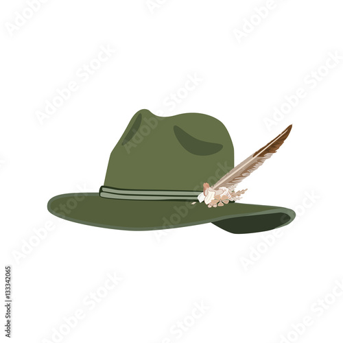 Vector illustration of hunting hat with feather and metal decoration, flat design