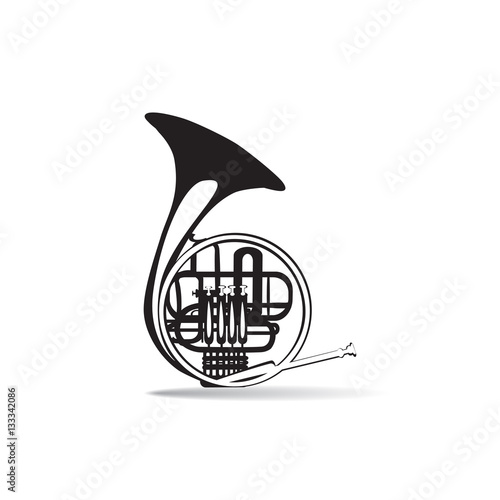 Vector illustration of black and white french horn, flat style design.