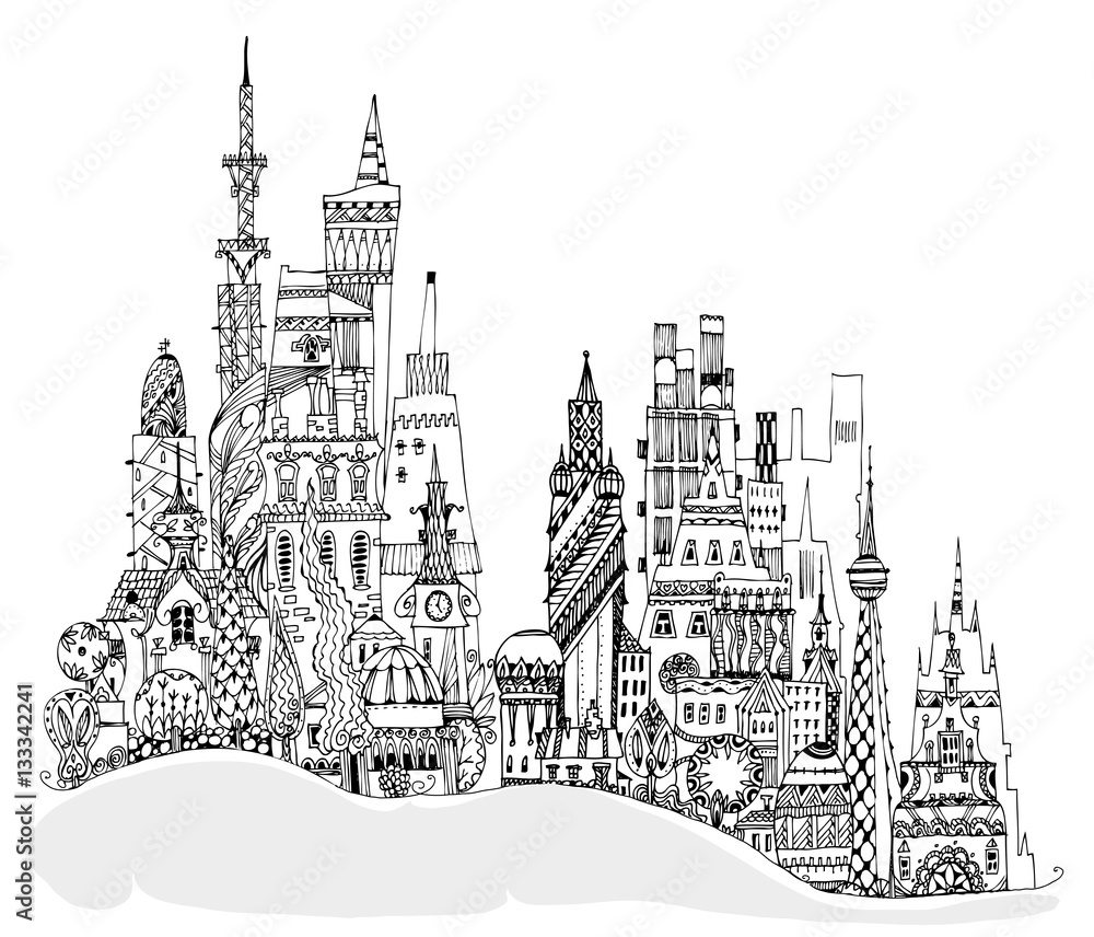 Fototapeta Modern city illustration with a lots of detailed buildings and trees