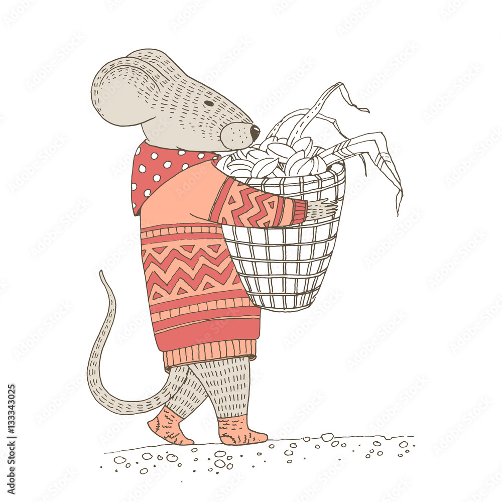 Fototapeta premium Vector illustratoin. Cute animal like humans. Humanized animal. Dressed mouse stores for the winter grains. Mouse carries a basket with grains