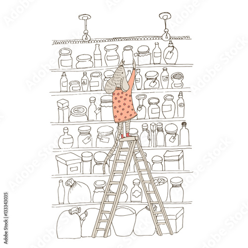 Vector illustratoin. Cute animal like humans. Humanized animal. Dressed mouse folds jam in the pantry. Basement with lots of shelves hammered stocks and jam