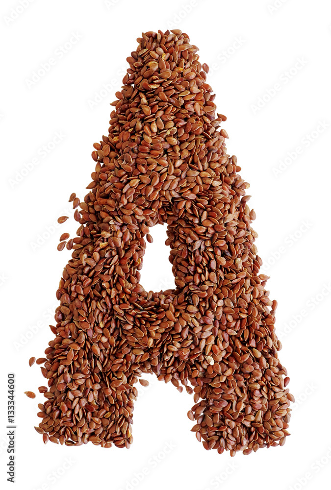 Letter A made with Linseed also known as flaxseed isolated on wh