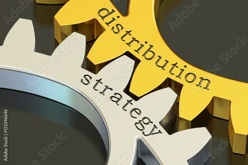 Fotografie distribution strategy concept on the gearwheels, 3D rendering