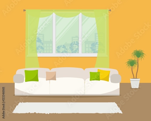 Living room in orange color. There is a white sofa with green and yellow pillows on a window background in the picture. Vector flat illustration.