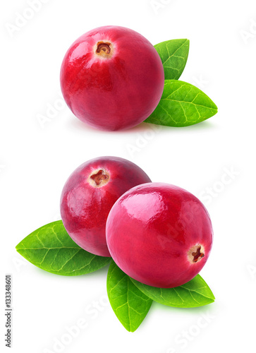 Isolated cranberries. Two images of cranberry fruits with leaves isolated on white background with clipping path