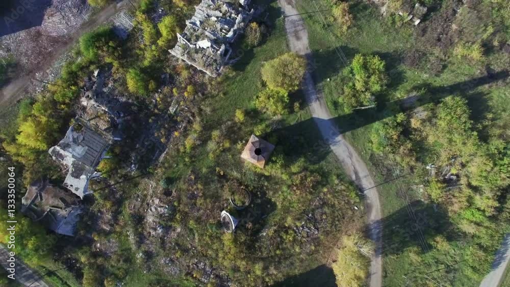 Shooting quadrocopters view of the destroyed buildings from above Shooting quadrocopters view of the destroyed buildings from above