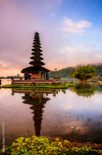 View of mountain  lake and a temple in Bali Indonesia