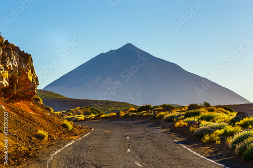Road to El Teide Volcano at sunset in Tenerife, Canary island, Spain photo