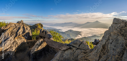 Sunrise landscape of foggy and cloudy mountain valley  Doi Pha Tang chiang rai thailand