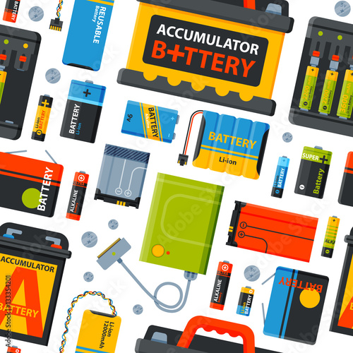 Battery energy seamless pattern vector illustration.