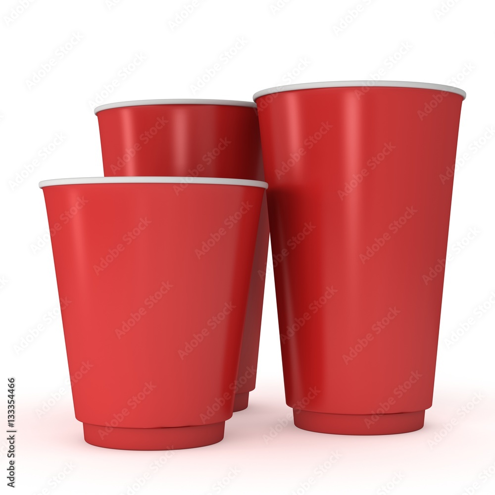 Disposable drink cups. Red paper mug. 3d render isolated on white background Disposable drink cups. Red paper mug. 3d render isolated on white background