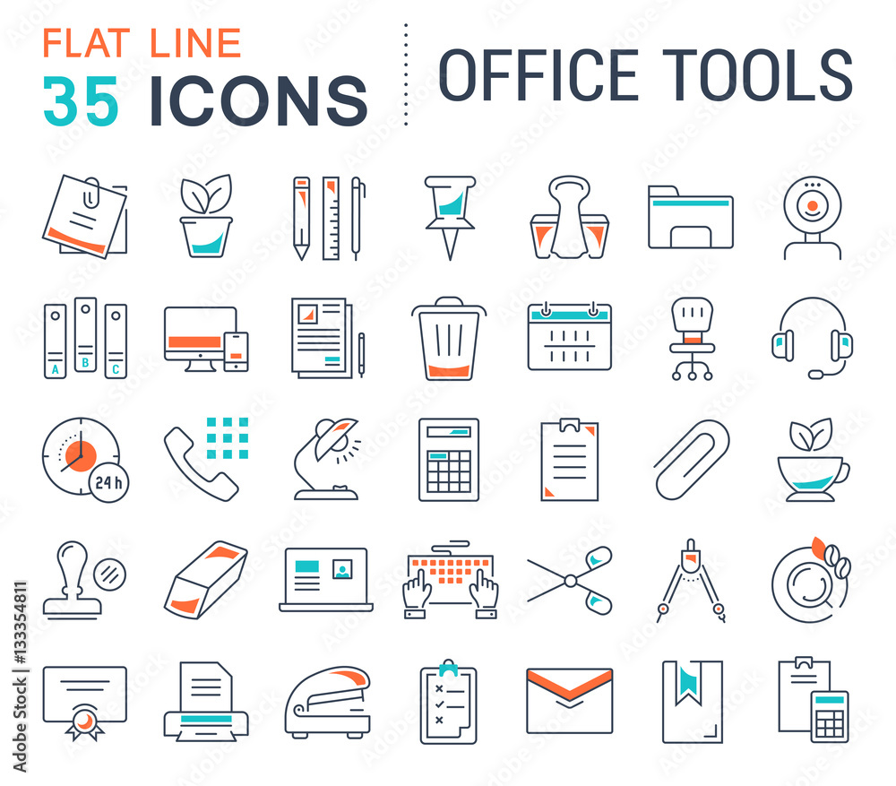 Set Vector Flat Line Icons Office Tools Set Vector Flat Line Icons Office Tools