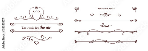 Vintage dividers, border with roses, flowers, love symbols. Text Love is in the air. Vector card. Invitation to the celebration