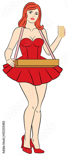 Pin-Up Retro Cigarette Girl with Wood Tray and Pack. There is copy space on the tray and pack for your text or image.
