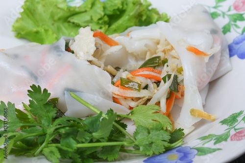 Closeup Fresh Spring Roll with vegetable and coriander in plate