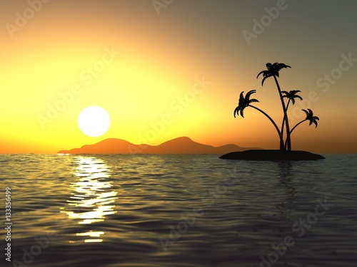 Sunset in the ocean and the desert island with palms © Дамир Каримов