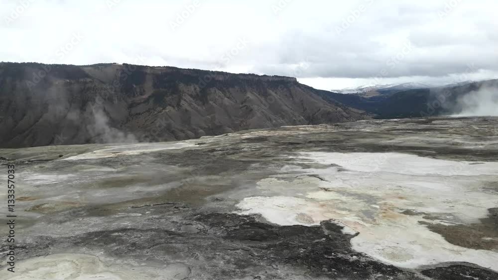 Pan view from the top of mammoth hot springs, in Yellowstone national park, in Wyoming, United states of america Pan view from the top of mammoth hot springs, in Yellowstone national park, in Wyoming, United states of america