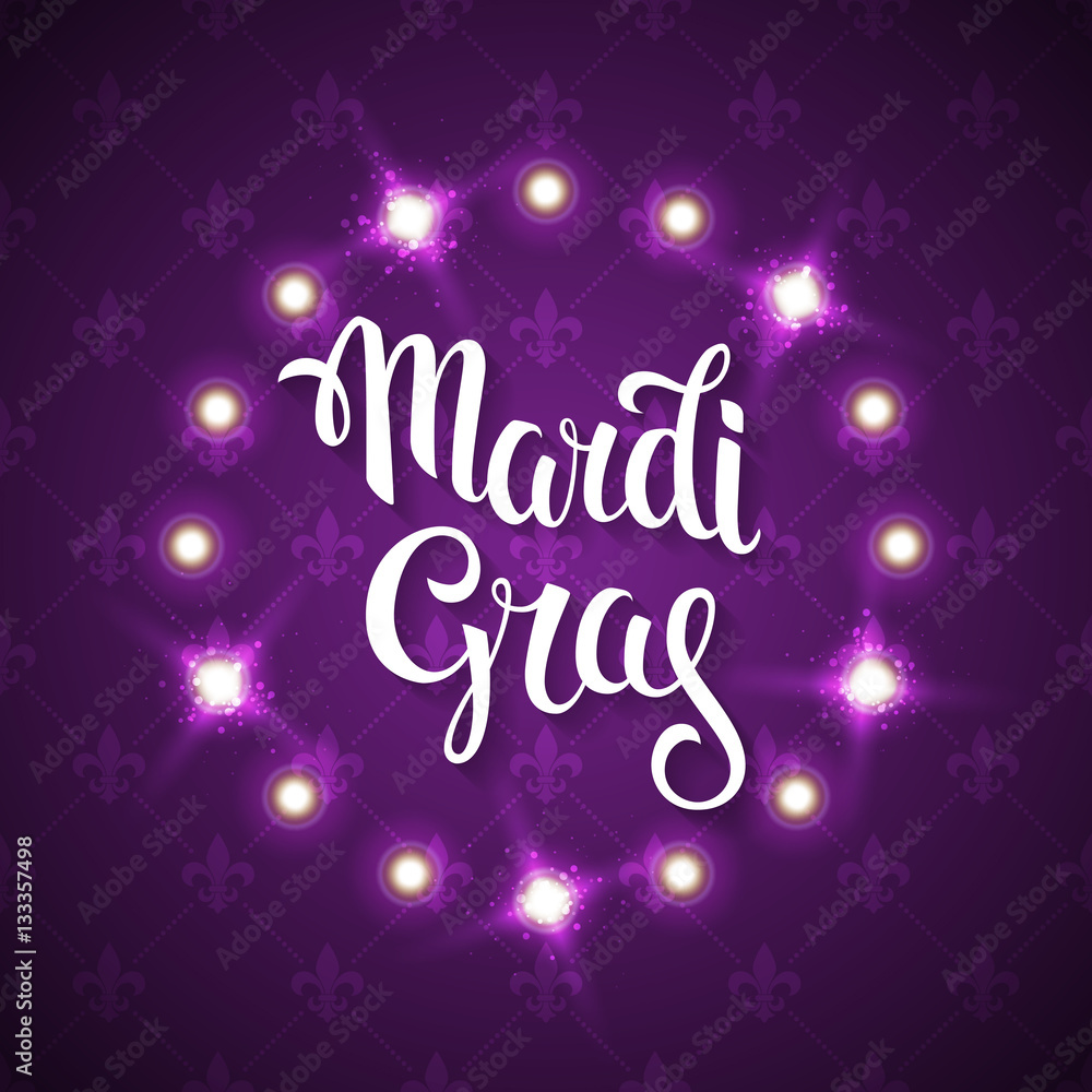 Mardi gras logo. Vector greeting card with hand drawn lettering and fat tuesday symbols. 