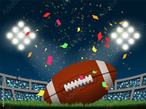 Rugby in American football stadium with confetti, crowded supporters and spotlight at night time in vector illustration