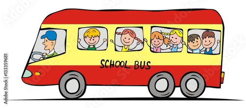 School bus and children. Funny illustration. Vector icon.