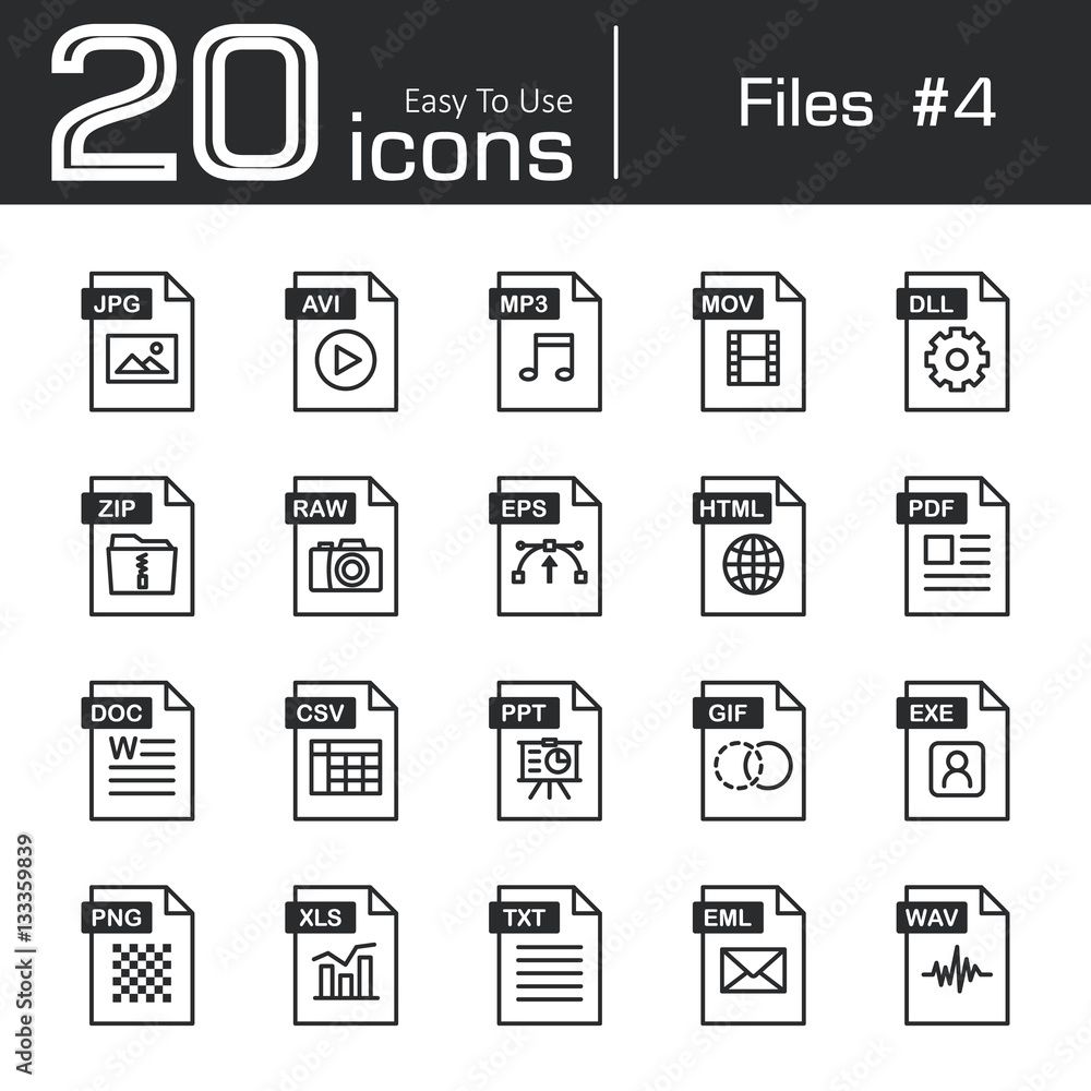 Files icon set 4 ( jpg , avi , mp3 , mov , dll , zip , raw , eps , html ,  pdf , doc , csv , ppt , gif , exe , png , xls , txt , eml , wav ) Stock  Vector | Adobe Stock