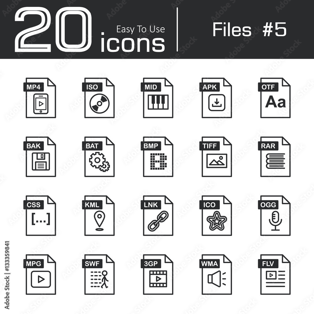 Files icon set 5 ( mp4 , iso , mid , apk , otf , bak , bat , bmp , tif ,  rar , css , kml , ink , ico , ogg , mpg , swf , 3gp , wma , flv ) Stock  Vector | Adobe Stock