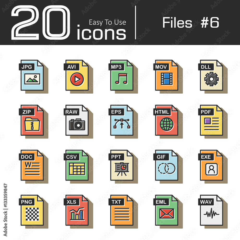 Files icon set 6 ( jpg , avi , mp3 , mov , dll , zip , raw , eps , html ,  pdf , doc , csv , ppt , gif , exe , png , xls , txt , eml , wav ) vintage  and retro style . Stock Vector | Adobe Stock