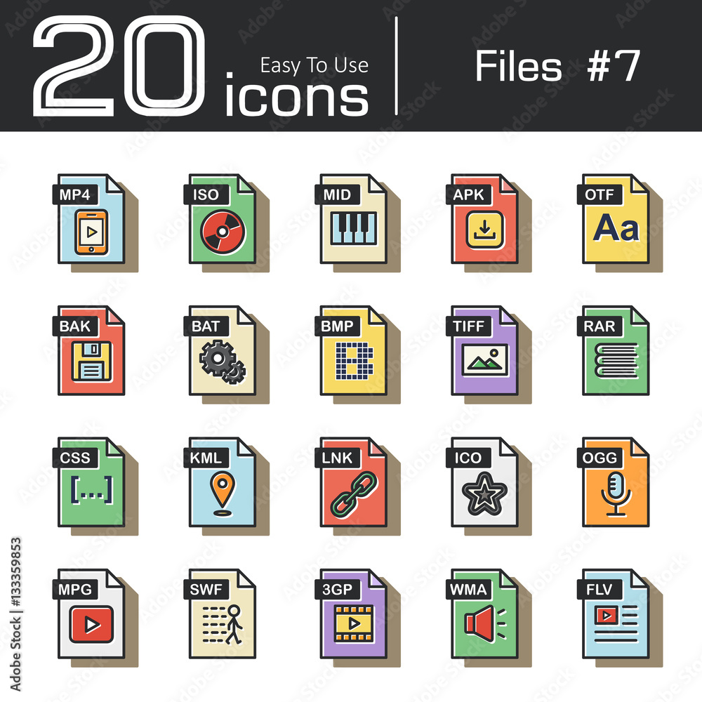 Files icon set 7 ( mp4 , iso , mid , apk , otf , bak , bat , bmp , tif ,  rar , css , kml , ink , ico , ogg , mpg , swf , 3gp , wma , flv ) vintage  and retro style . Stock Vector | Adobe Stock