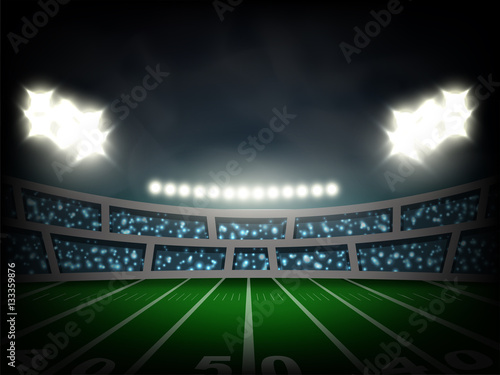 american football stadium with spotlight and crowded fans at night time in vector illustration © Studio623
