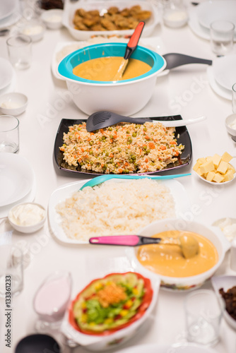 Beautiful ready lunch on dining table in modern home