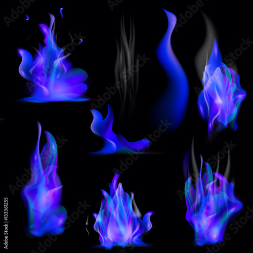 Blue flame. Realistic fire. Smoke. Bonfire. For your design.