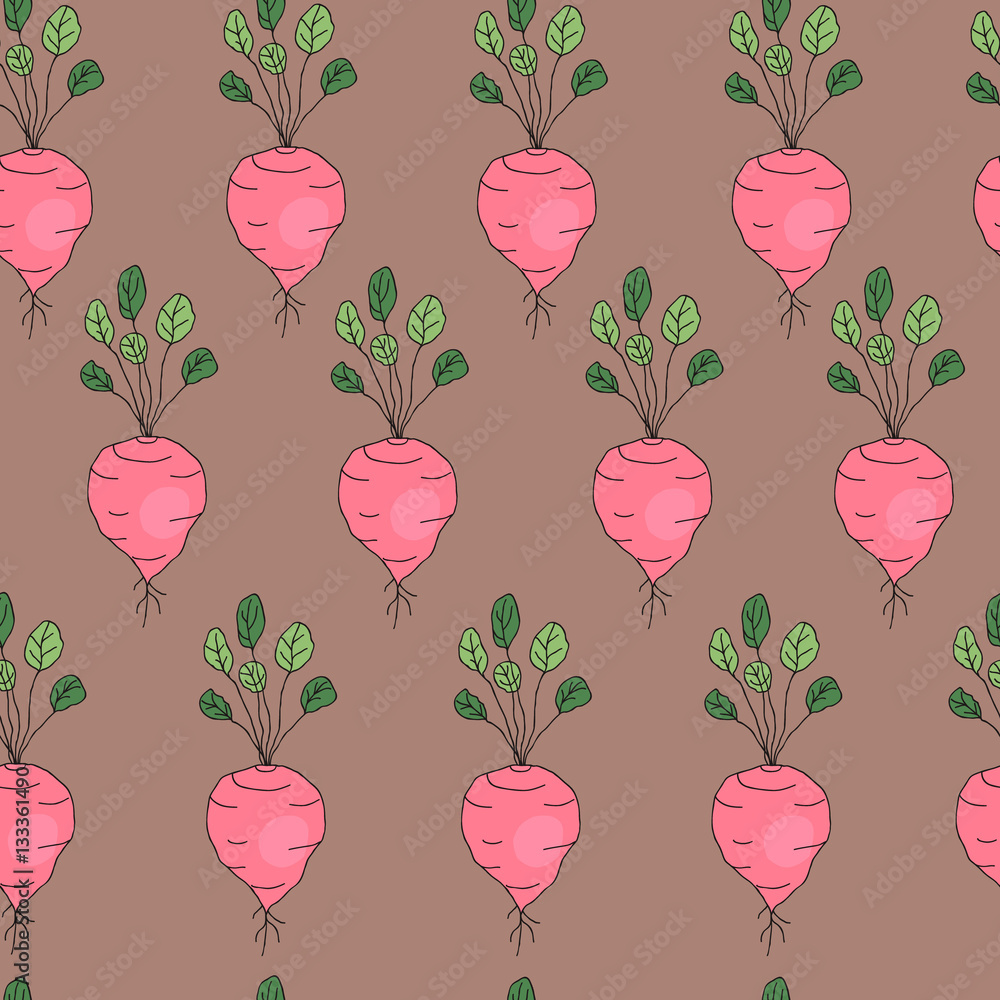 Fototapeta premium Hand drawn vector seamless pattern with radish isolated on brown background. Farm vegetables illustration, healthy food, organic.