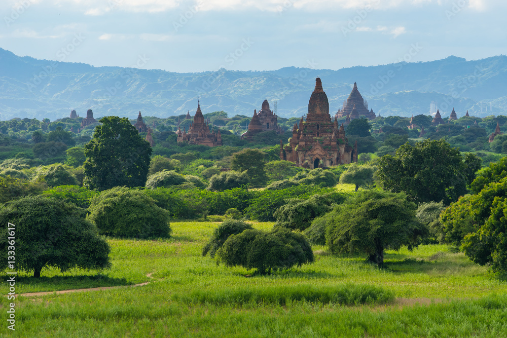 Bagan pagodas field in greeny season, Bagan ancient city, Mandal