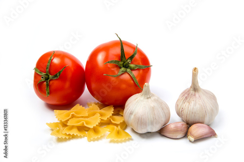 Italian food cooking ingredients. Pasta, tomatoes, peppers. Top view with copy space