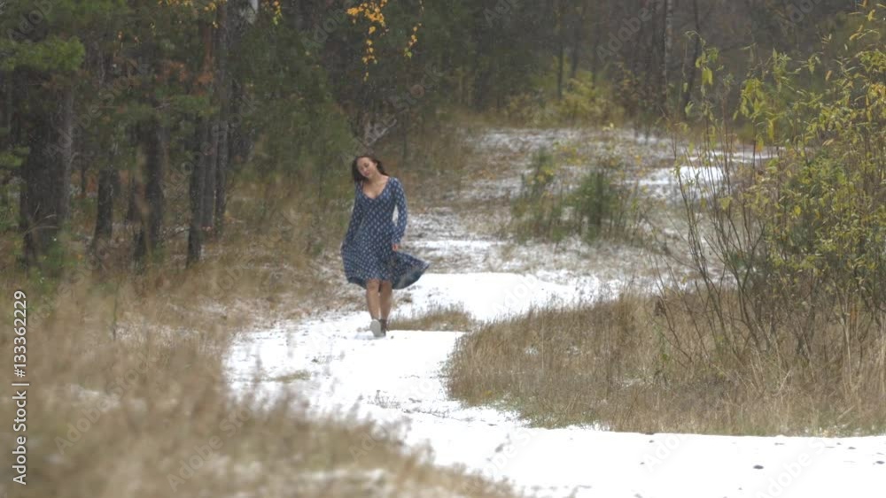 Walk in the autumn forest under the first snow.
Happy pretty girl is walking in the forest. Snowing. Slow motion. Walk in the autumn forest under the first snow.
Happy pretty girl is walking in the forest. Snowing. Slow motion.