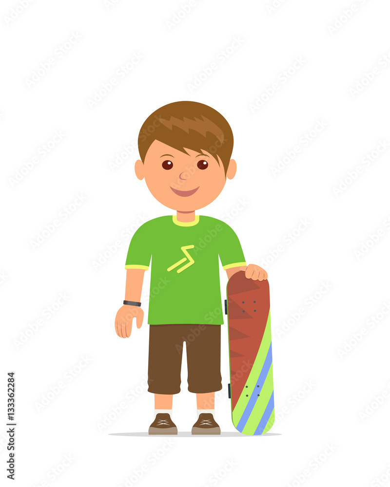 Cartoon boy with a skateboard. The young guy is training to skateboarding. Vector flat design illustration. Cartoon boy with a skateboard. The young guy is training to skateboarding. Vector flat design illustration.