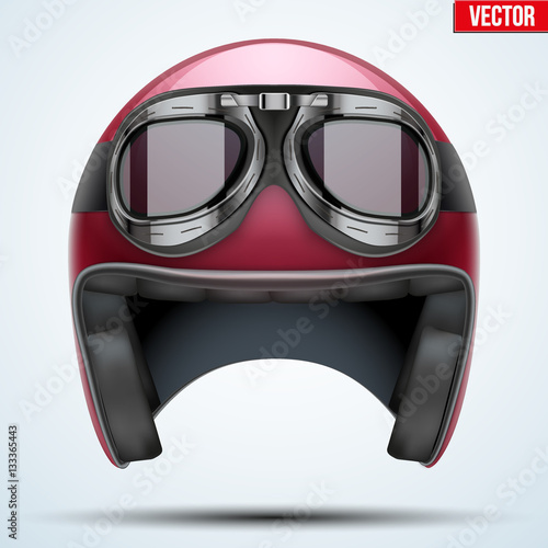 Vintage red motorcycle classic helmet with goggles. Transportation industry. Vector illustration isolated on background,